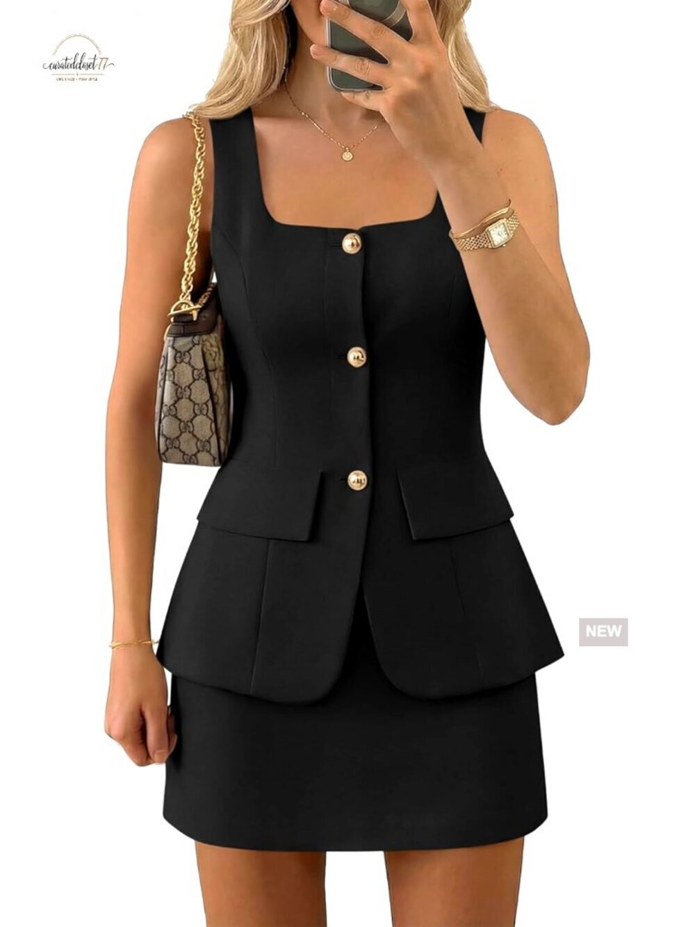 Slim Fit 2-Piece Skirt Set, Sleeveless Blazer Vest & Mini Skirt, Business Casual
